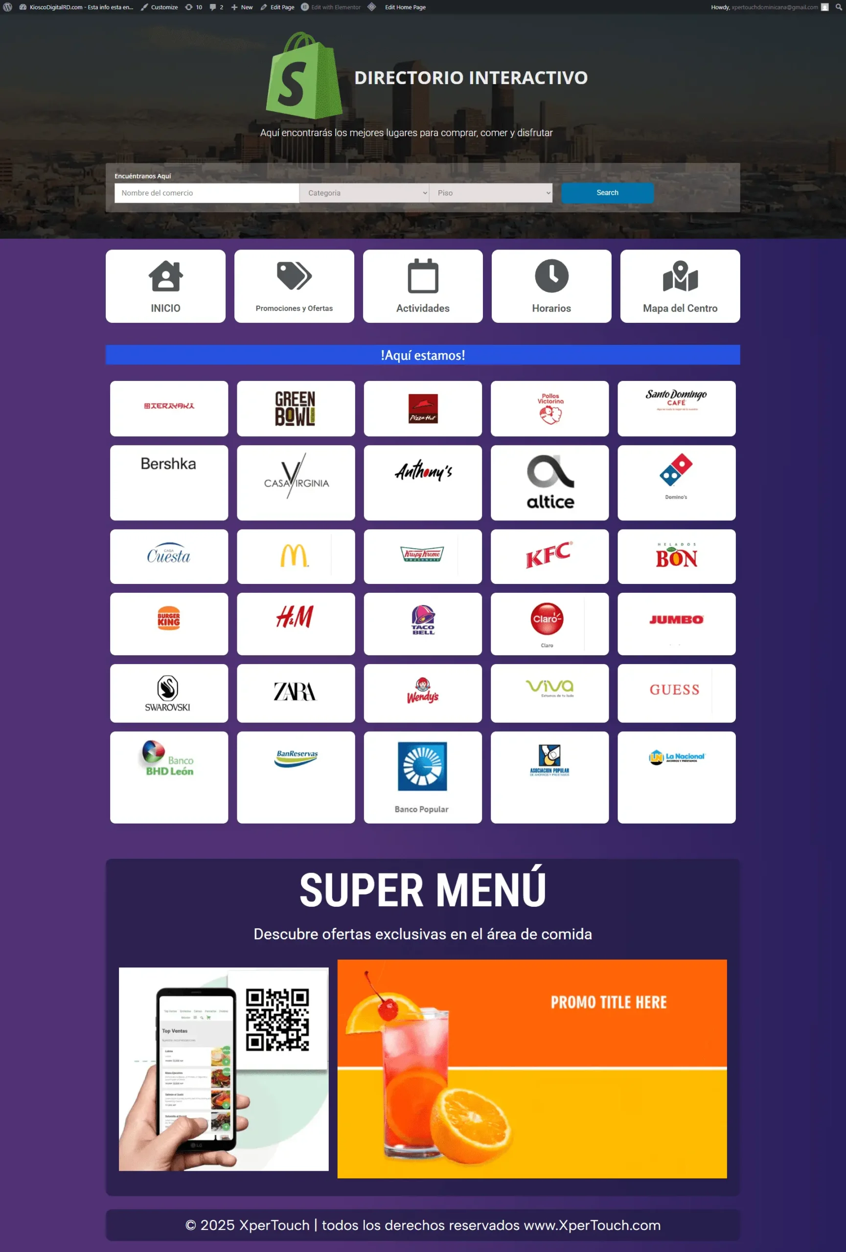 Kiosco digital RD Display for Shopping mall store promotion. This is built with WordPress custom code, Simple CPT, ACF (Advanced Custom Field), and Elementor